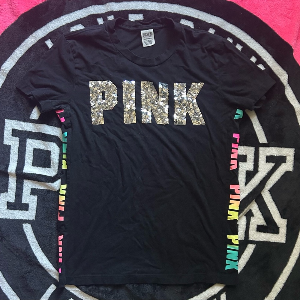 PINK Victoria's Secret Black Tee with Sequin Logo